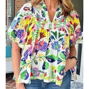 Pink Lily Floral Print Blouse Top V Neck Short Sleeve Multicolor Women's